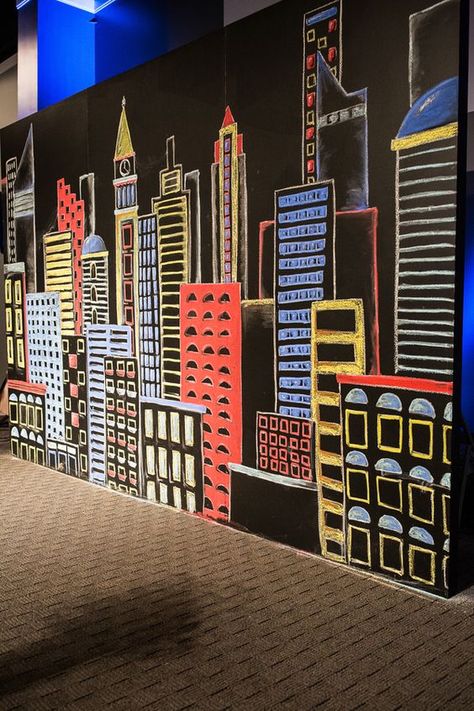 Primary Color Wedding, Gotham Skyline, Comic Book Themed Wedding, Giant Chalkboard, Comic Book Theme, New York Theme Party, Annie Jr, City Backdrop, New York Theme