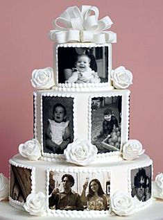 How I would love to have a cake like this for our 25'th wedding party next year with photos from us & the children. 25th Anniversary Party, Specialty Cake, Wedding Cakes With Cupcakes, 25th Wedding Anniversary, Wedding Party Photos, 50th Wedding Anniversary, Graduation Cakes, 50th Wedding, Anniversary Cake