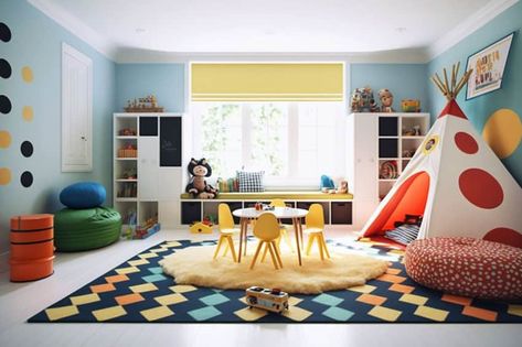 Blue Green Playroom, Playroom Wall Color Ideas, Playroom Paint Ideas Color Inspiration, Playroom Wall Colors, Kids Corner Ideas, Playroom Themes, Small Kids Playroom Ideas, Playroom Color Scheme, Playroom Setup