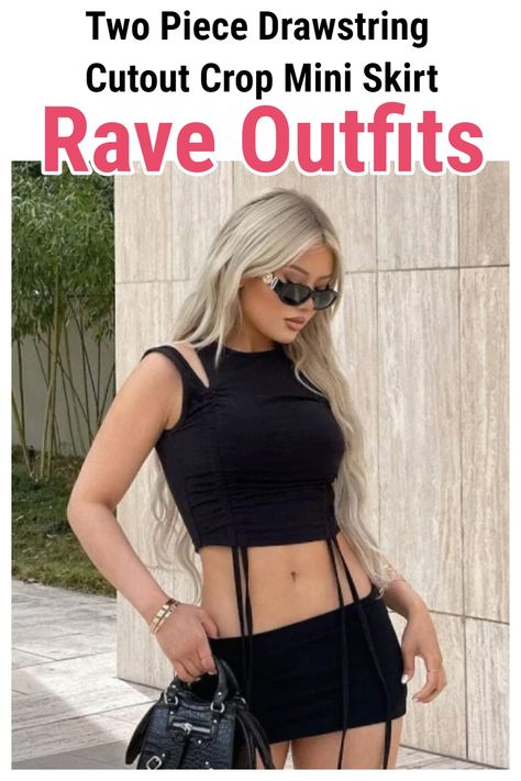 Rave Outfits Two Piece Drawstring Cutout Crop Mini Skirt | Black Mini skirt Outfit set | short outfit idea for rave | black mini skirt idea | Crop top black top | Casual Rave Outfits Winter, Rave Outfits Winter, Casual Rave Outfits, Rave Outfit Ideas, Rave Outfits Women, Outfits Two Piece, Dance Clothing, Outfit Ideas For Women, Rave Outfit