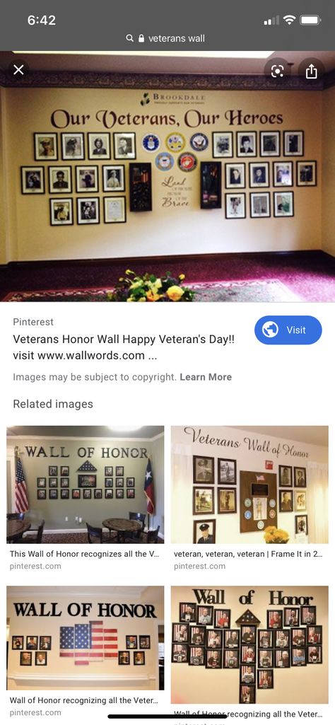 Veterans Memorial Wall Ideas, Veterans Wall Of Honor, Wall Of Honor For Veterans, Veterans Wall Of Honor Ideas, Veterans Day Photos, Community Life, Wall Of Honor, Memorial Day Decorations, Memorial Wall