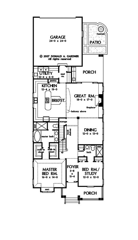 Bungalow | Level 1 Wide House Plans, French Style House Plans, Wide House, Craftsman Floor Plan, Narrow Lot House, French Style Homes, 4 Bedroom House Plans, Simple House Plans, Shop House Plans