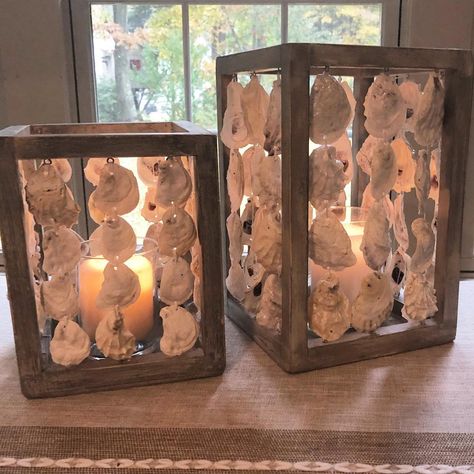 Oyster Candle, Coastal Table Decor, Oyster Shells Decor, Beach Products, Shell Table, Table Lanterns, Diy Beach Decor, Oyster Shell Crafts, Seashell Wall Art