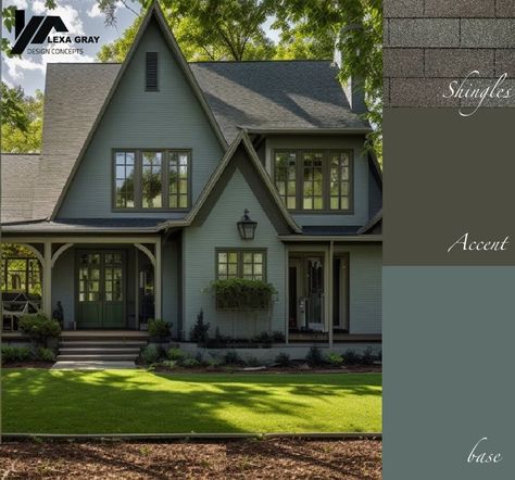 Green Exterior House Colors, Green House Exterior, Green Siding, Color Consultation, Interior Design Institute, Exterior House Color, Cottage Exterior, Exterior Color Schemes, Grey Houses