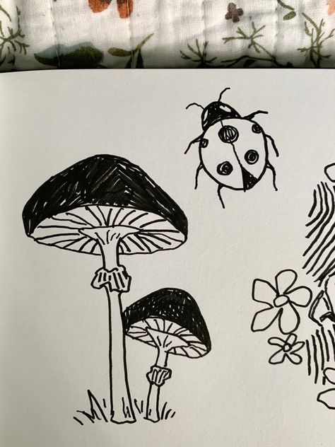 #mushroom #ladybug #inkdrawing #doodle #sketchbook #penart #freehand #tattooideas Pen Doodles Sketchbooks, Ladybug Sketch, Ladybug Doodle, Bug Doodles, Mushroom Doodle, Mushroom Drawings, Book Doodles, Doodle Sketchbook, Simple Drawings