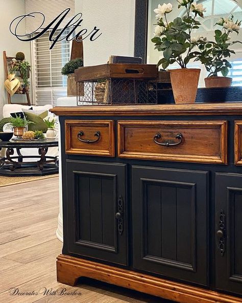 Buffet Cabinet Flip, Two Tone Wood And Paint Furniture, Black And Brown Cabinet, Black And Wood Armoire, Painted Cabinets With Stained Doors, Furniture Painted Black And Natural Wood, Matte Black Furniture Diy, Black And Stained Cabinets, Black And Mahogany Furniture