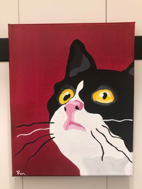 Tuxedo Cat Painting Easy, Weird Painting Ideas On Canvas, Easy Cat Painting Ideas On Canvas, Easy Dog Paintings On Canvas, Cat Acrylic Painting Easy, Cat Canvas Painting, Cat Pop Art, Cat Art Painting, Pop Art Cat