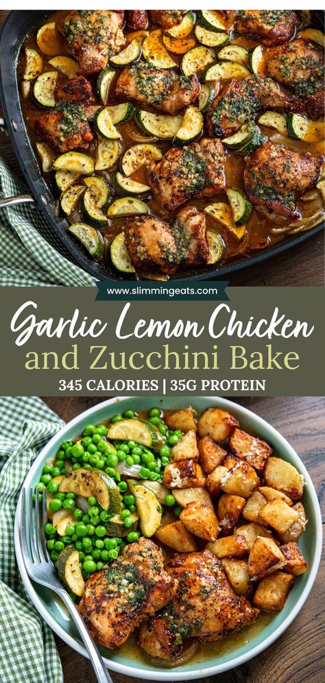 This Lemon Garlic Chicken and Zucchini Bake is an easy, delicious meal. Juicy chicken is nestled in a zesty lemon and garlic butter sauce with tender seasoned zucchini. Crockpot Chicken And Zucchini, Zucchini And Squash Dinner Recipes, Low Calorie Lemon Chicken, Cholesterol Lowering Meals Recipes, Recipes With Zucchini Dinner, Zucchini Chicken Recipes, Meals With Chicken Thighs, Garlic Chicken Bake, Zuccinni Recipe