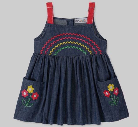 Multicolor Sleeveless Dress For School, Cute Blue Embroidered Dress, Beautiful Gown Designs, Cotton Night Dress, Embroidered Rainbow, Kids Dress Collection, Chambray Tunic, Kids Dress Patterns