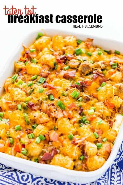 Tater Tot Breakfast Casserole - #bacon #bell-pepper #breakfast-casserole #brunch #casserole #cheese #eggs #onion #sausage #tater-tots #breakfast-recipes #easy-breakfast-casseroles #recipes #realhousemoms Casserole With Tater Tots, Easter Brunch Casserole, Tot Breakfast Casserole, Ground Beef Breakfast, Panini Recipes Chicken, Easy Breakfast Casserole Recipes, Tater Tot Recipes, Tater Tot Breakfast Casserole, Savory Breakfast Recipes