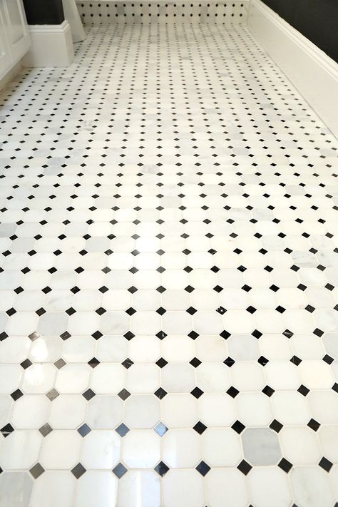 Marble Hexagon Mosaic Tile from Arizona Tile. Vintage Marble Bathroom, Bathroom Marble Hexagon Floor, Marble Hex Tile Bathroom Floor, Mosaic Floor Bathroom, Black And White Hexagon Tile Bathroom Floor Patterns, Octogon Tiles Bathroom Black And White, Hex Tile Patterns Black White, Mosaic Bathroom Floor, Traditional Bathroom Tile