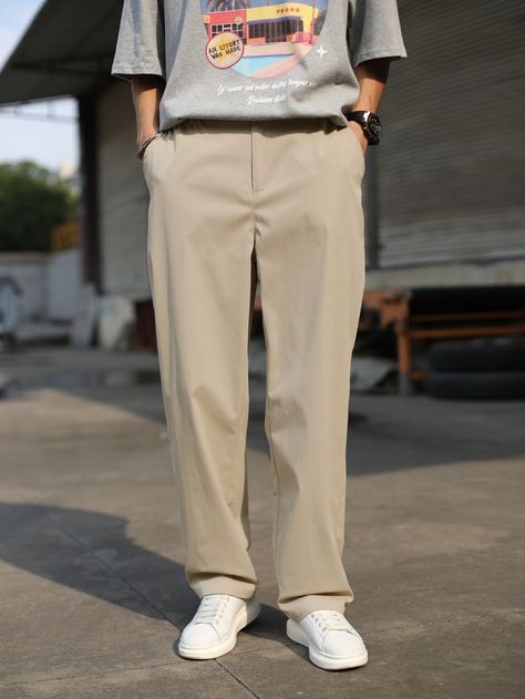 Men Solid Slant Pocket Pants Men’s Outfits With White Pants, Men’s Khaki Pants Outfit, Kakis Pants Outfit Men, Men’s Pants, Kakis Pants Outfit, Beige Pants Outfit Men, Mens Pants Fashion Trousers, Oversized Shirt Men Outfits, White Pants Outfit Men