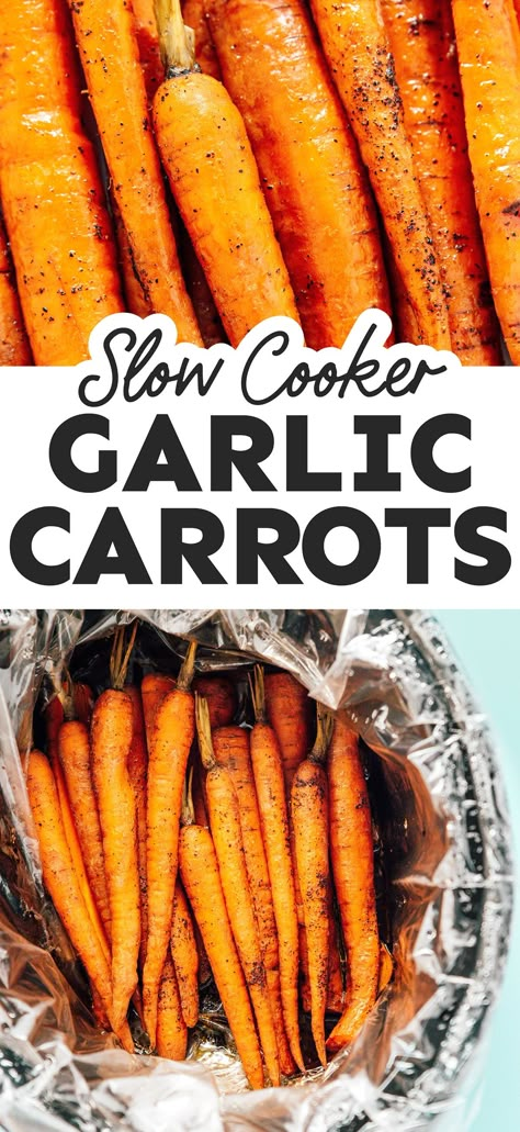 With just five ingredients and two simple steps, this Slow Cooker Carrots recipe is a seriously easy side dish recipe for tonight (plus they're infused with garlic and balsamic...helllooo flavor-town). #vegetarian #vegan #glutenfree #slowcooker #easyrecipe #healthyrecipe #sidedish Slow Cooker Carrots, Crockpot Carrots, Carrots Slow Cooker, Healthy Budget Meals, Crockpot Side Dishes, Carrots Side Dish, Vegetarian Thanksgiving Recipes, Healthy Budget, Carrots Recipe