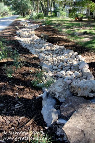 for the drainage ditch along the street? Ditch Landscaping, Rock Drainage, Backyard Drainage, Drainage Ditch, Yard Drainage, Dry Creek Bed, Dry River, Drainage Solutions, Creek Bed