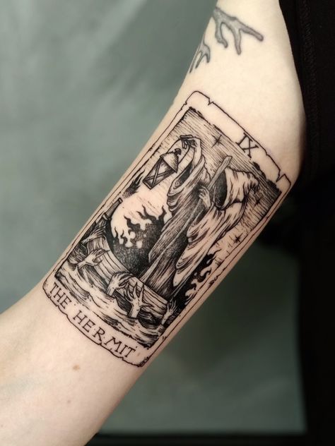 Hermit Tarot Card Tattoo, The Hermit Tattoo, The Hermit Tarot Tattoo, Hermit Tattoo, Tattoo Tarot Card, Tarot Tattoos, Wisdom Tattoo, Lord Of The Rings Tattoo, The Hermit Tarot