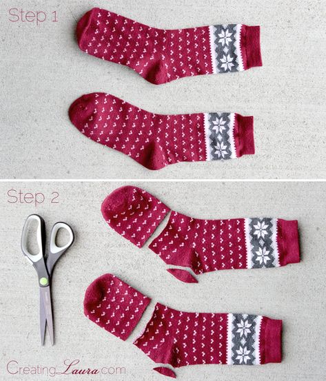 DIY arm warmers out of socks from Creating Laura.  #upcycle Diy Arm Warmers From Sweaters, How To Make Arm Warmers From Socks, Diy Wrist Warmers, Diy Arm Warmers, Hand Warmers Diy, Diy Fashion Ideas, Habit Barbie, Diy Hand Warmers, Gloves Diy