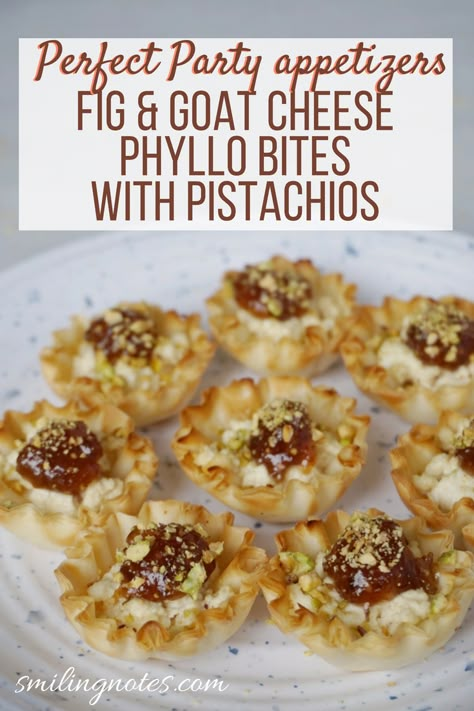 Fig & Goat Cheese Bites with Pistachios Phyllo Bites, Fig And Goat Cheese, Fig Goat Cheese, Church Recipes, Vegetarian Appetizer, Phyllo Cups, Hosting Parties, Valentine Tea, Mini Appetizers