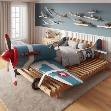 Update Your Child's Bedroom with a Classic Fighter Airplane-Shaped Bed Plane Themed Bedroom, Airplane Bedroom For Boys, Boys Airplane Bedroom, Plane Bedroom, Airplane Kids Room, Bedroom Creative Ideas, Airplane Room Decor, Under The Sea Bedroom, Airplane Boys Room