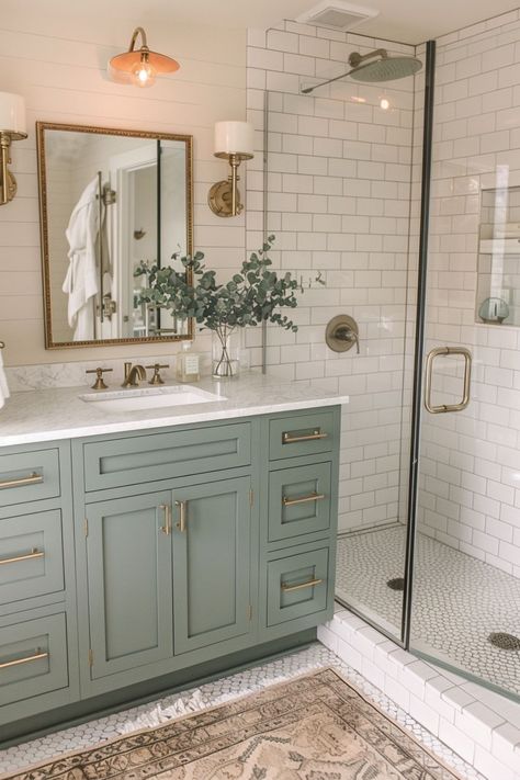 Green Bathroom Sink Cabinet, Green Cabinet In Bathroom, Sage Bathroom Vanity Ideas, Green Sage Bathroom Ideas, Small Bathroom Ideas Green Vanity, Bathroom Aesthetic Tiles, Cottage Feel Bathroom, Master Bathrooms Green, Bathroom Country Modern