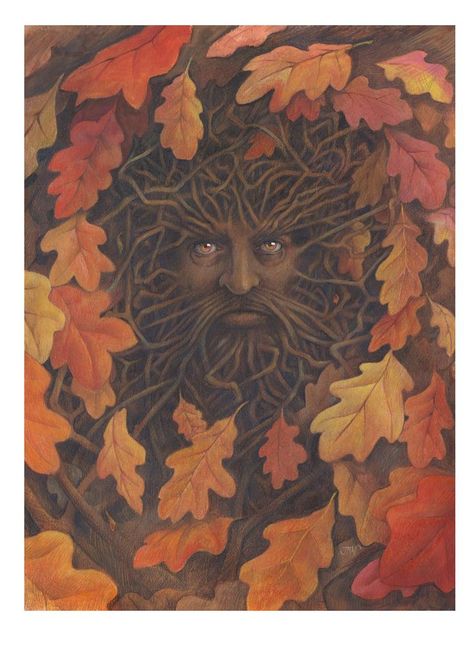 A Greenman of Mabon, the Autumnal Equinox. Autumn. Green Man. Pagan. Equinox. Autumn leaves. Nature spirit. Morgan Williams, Sacred Masculine, Autumn Witch, Pagan Crafts, Art Deco Architecture, Sign Printing, Green Man, Lovely Print, Artist At Work