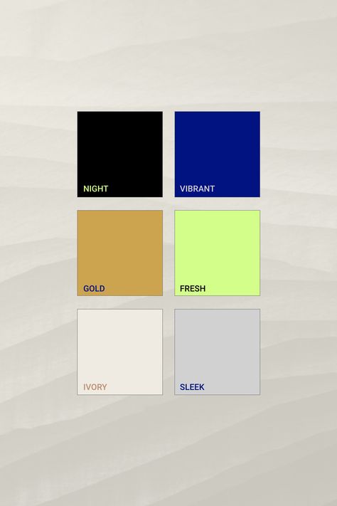 Color palette with 6 tone: night (black), vibrant blue, gold, fresh (almost like neon green), ivory (beige) and sleek grey. Professional Color Palette, Green Branding, Modern Brands, Bold Branding, Luxury Car Brands, Digital Experience, Grey Color Palette, Brand Color Palette, Green Colour Palette