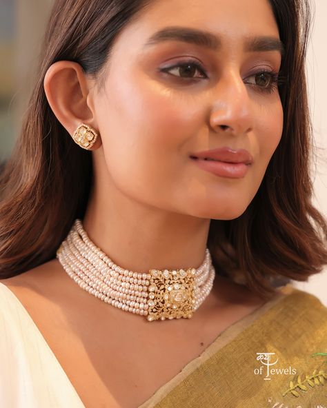 Handcrafted 92.5 silver choker and earrings. Moissanite Polki freshwater pearls Zircons Saree by @kapaaskatha Dm us or Whatsapp on +91 8520 888 461 for details and purchase. #silverjewelry #silverjewellery #silverjewels #handcrafted #handcraftedjewelry #jewelry #jewellery #sterlingsilverjewelry #jewels #jewelsofinstagram #jewel #jewellerydesign #jewelrydesigner #jewelryaddict #indianjewellery #indianjewels #ring #moissanite #moissanitejewelry Saree With Choker Necklace, Necklace For Saree, Choker Design, Choker Designs, Pearl Jewelry Necklace, Silver Choker, Silver Jewels, Ring Moissanite, Moissanite Jewelry