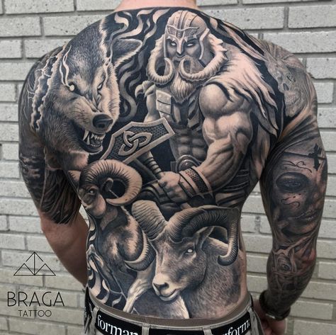 Norse • Viking Back Piece Tattoo | Tattoo Ideas and Inspiration Vikings Back Tattoo, Viking Tattoo Back Piece, Mythology Back Tattoo, Thor Tattoo Norse Mythology, Viking Back Tattoo, Mjolnir Tattoo, Thor Tattoo, Norse Mythology Tattoo, Pagan Tattoo