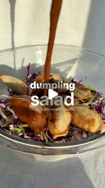 Erin Silberman on Instagram: "Dumpling Salad  •Follow @seriousfoodfetish for more recipes, restaurant recs & food trends•  I love a Thai peanut salad because it’s saucy, crunchy & has so many flavors & textures. I had some frozen dumplings in the freezer & had an idea to combine the two… kid of. This dumpling salad is so. good. And it’s great way to bulk up your meal with some veggies!   Salad Ingredients •your favorite frozen dumplings, mine made 10 mini dumplings (air fry based on package instructions) •1 C broccoli slaw mix •1 C purple cabbage, shredded  •crushed peanuts  •chili crunch   Spicy Ginger Peanut Dressing Ingredients  •1/3 C peanut dressing  •3 T ginger dressing •1-2 T soy sauce •1-2 T chili crunch  •1 T rice vinegar   Recipe 1. Add dressing ingredients to a jar & shake well. Dumpling Salad Recipe, Dumpling Salad, Mini Dumplings, Ginger Peanut Dressing, Thai Peanut Salad, Veggies Salad, Chili Crunch, Peanut Salad, Keto Salads