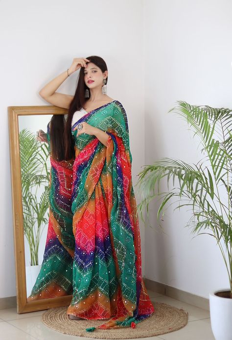 *❣️ New Latest Multicolour Bandhani Print Sequence & Mirror Work Super Hit New Design Launched ❣️* *_༺❦ Catalog :~ Bandhej ❦༻_* *👇🏻--: Fabric details :--👇🏻* _Saree :~_ *Soft Moss Chiffon Saree with 🥰 Beautiful Multicolour Bandhani Print & Sequence with Mirror Work All over in Saree* _Blouse :~_ *Unstitched White Modal Satin Blouse* _💦Wash :~_ *Easy Home Wash* Multicolour Saree, Mirror Work Saree, Bandhani Print, Sequin Saree, Plain Saree, Saree Designs Party Wear, Satin Saree, Georgette Saree, Chiffon Saree