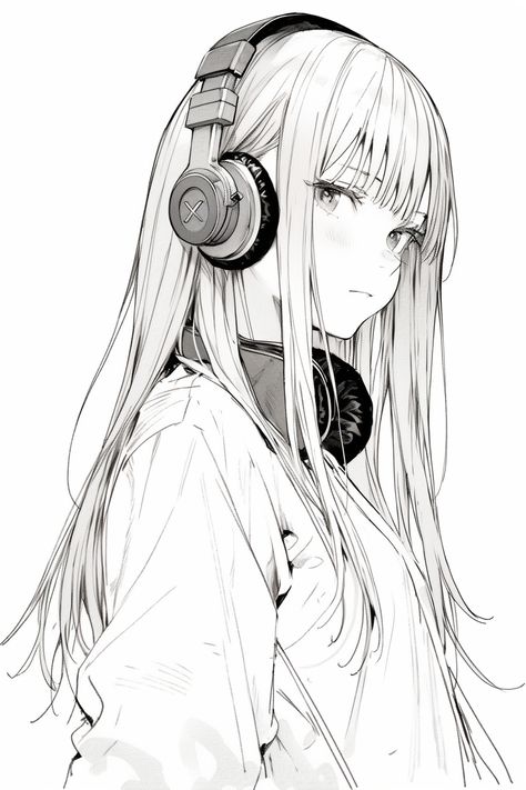 Anime Girlies Drawing, Manga Headphones, Manga Art Girl, Art Base 2 People, Base 2 People, Art Bases 2 People, Manga Style Drawing, Headphones Anime, Demon Slayer Ocs