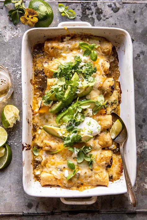 Sheet Pan Cheesy Poblano Corn Enchiladas | halfbakedharvest.com New Dinner Recipes Healthy, Poblano Enchiladas Vegetarian, Vegetarian Anniversary Dinner, Half Baked Harvest Corn, Veggie Based Dinner, Enchilada Vegetarian, Poblano Enchiladas, Enchiladas Vegetarian, Corn Poblano