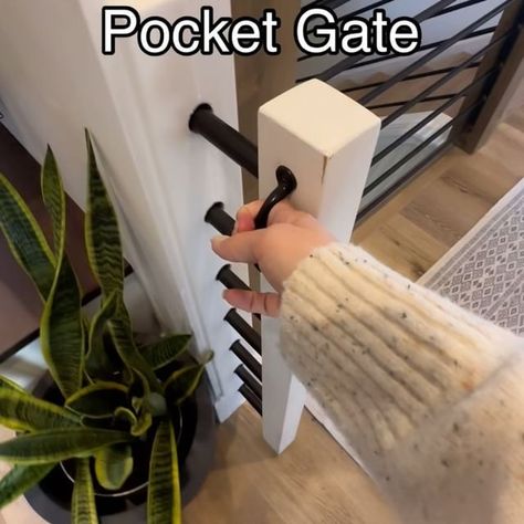 Inside Gate Ideas, Half Pocket Door Dog Gates, Built In Stair Gate, Diy Retractable Dog Gate, Hidden Gate In Wall, Diy Dog Gate For Stairs, Built In Dog Gate, Built In Baby Gate, Stair Gate Ideas