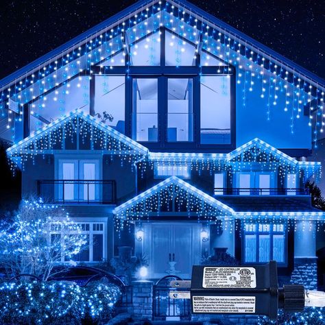 Oopswow Icicle Lights Outdoor Decorations 300 LED 33ft 8 Modes Curtain Fairy String Light with 50 Drops, LED String Light Indoor for Wedding Party Holiday Christmas Decorations,Blue+White Christmas Decorations Blue, Blue Fairy Lights, Icicle Lights Outdoor, Outdoor Christmas Decorations Lights, Blue Christmas Lights, Fairy Lights In Trees, White Christmas Lights, Blue Christmas Ornaments, Christmas House Lights