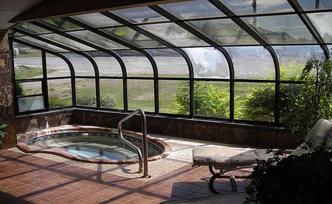 Solarium Rooms | Hot Tub Solarium Room Green House Attached To House, Greenhouse Addition, Solarium Room, Sunroom Greenhouse, Tub Room, Hot Tub Room, Indoor Spa, Hot Tub Backyard, Hot Tub Garden