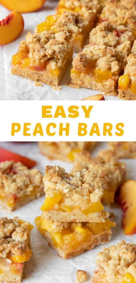 These easy peach bars are sweet, buttery and made with fresh peaches and crumb topping. Enjoy this simple yet impressive dessert! Easy Dessert With Peaches, Desserts With Fresh Peaches Easy, Peach Recipes With Fresh Peaches, August Baked Goods, Desserts Made With Fresh Peaches, Peach Finger Foods, Fresh Peach Ideas, Simple Few Ingredient Desserts, Peach Party Food Ideas