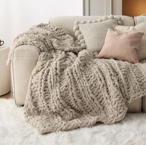 Knit Crochet Blanket, Cable Knit Crochet, Cable Knit Throw Blanket, Cosy Vibes, Beige Throws, Blankets For Winter, Chenille Blanket, Blanket For Bed, Grey Sofa