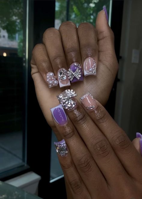 Short Xmas Nails French Tip, Purple Short Nails Ideas, Purple Junk Nails, Purple Nails Acrylic Short, Short Purple Acrylic Nails, Purple Y2k Nails, Short Exotic Nails, Tiktok Acc, Junk Nails