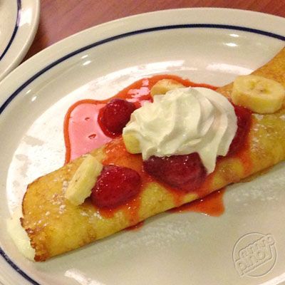 Strawberry Banana Danish Fruit Crepe IHOP Crepes Strawberry, Ihop Strawberry Syrup, Strawberries And Cream Crepes, Fruit Crepes, Ihop Strawberry Crepes, International House Of Pancakes, Pancakes Ihop, Strawberry Crepes, Strawberry Banana