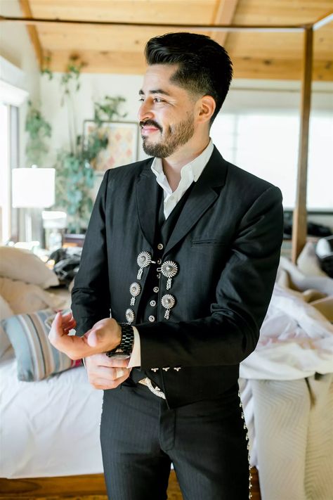 A Traditional Mexican Wedding With Modern Twists in California Charro Suits For Men Wedding, Mexican Men Wedding Outfit, Mexican Male Outfit Traditional, Charro Wedding Suit Grooms, Charro Men Outfit, Mariachi Suit Men, Mexican Wedding Groom Suit, Mexican Wedding Attire For Men, Traditional Mexican Men Outfit