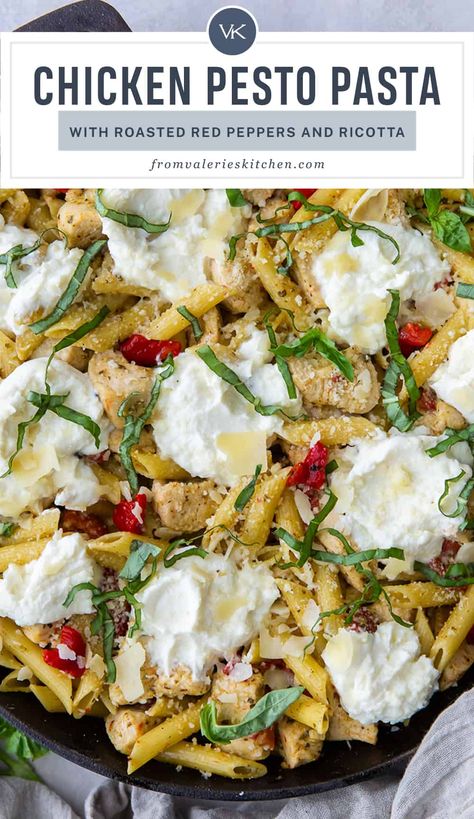 Easy to stock ingredients create a flavor-packed sauce for this rustic Chicken Pesto Pasta. This quick and easy pasta is loaded with tender bites of chicken, pesto, roasted red peppers and creamy ricotta cheese. Chicken Breast Pasta, Ricotta Stuffed Chicken, Chicken Pesto Pasta, Rustic Chicken, Hotdish Recipes, Chicken Pasta Dishes, Chicken Pesto, Ricotta Recipes, Chicken Pasta Bake