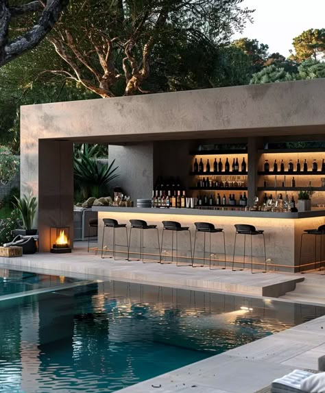 Creating a stylish and functional poolside bar can transform your backyard into the ultimate outdoor oasis. Whether you’re hosting a summer party or enjoying Outdoor Bar Attached To House, Bar In House Ideas Modern, Outdoor Jacuzzi Design, Luxury Pool Ideas, Pool House Living Room, Terrace Pool Design, Outdoor Bar Ideas For Party, Bar Ideas For Home Outdoor, Outdoor Pool Bar Ideas