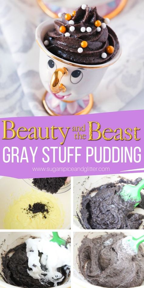 The Gray Stuff, Cookies And Cream Pudding, Disney Dessert Recipes, Movie Inspired Recipes, Disney Movie Night Menu, Gray Stuff, Disney Themed Movie Night, Disney Movie Night Food, Disney Themed Food