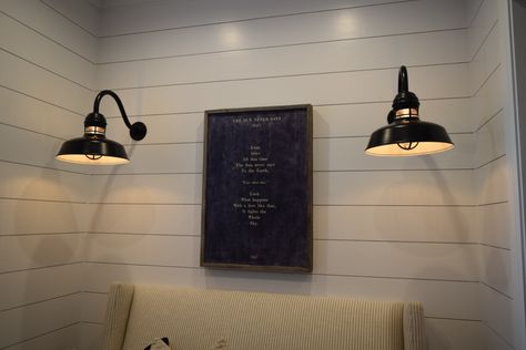 Shiplap wall with sconces Sconces On Shiplap Wall, Shiplap Spacing, Shiplap Hook Wall, Shiplap 3/4 Wall, Wall Sconces Living Room Farmhouse Pottery Barn, Beach House Room, Shiplap Accent Wall, Reading Wall, Farmhouse Light Fixtures