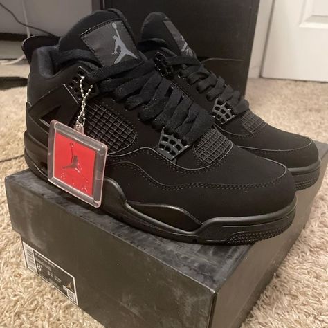 Black Cat Air Jordan, Black Cats Shoes Jordan, Black J4 Shoes, Black Jordan 4’s, Black Cats Outfit, Black Cats Shoes, Jordan Black Cat 4s, Black Cats Jordans, Jordan 4s Black Cat