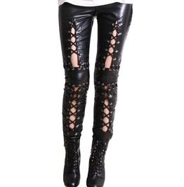 Punk Heavy Metal Women Faux LeathLace Up Skinny Pants Bandage Leggings, Lace Up Pants, Lace Up Leggings, Estilo Punk, Leggings For Women, Style Noir, Faux Leather Leggings, Gothic Lolita, Leather Leggings