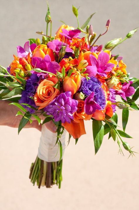 purple bright wedding bouquet with orange hot pink roses ... Bright Wedding Bouquet, Jim Campbell, Bright Wedding Flowers, Purple Bridal Bouquet, Bouquet Images, Orange Bouquets, Purple Wedding Bouquets, Wedding Bouquets Pink, Purple Bouquet