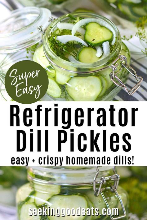 Glass hinged lidded jar with slices of dill pickles and fresh dill with onion. Crispy Dill Pickles, Easy Dill Pickles, Easy Refrigerator Pickles, Homemade Refrigerator Pickles, Refrigerator Dill Pickles, Homemade Vinegar, Refrigerator Pickles Dill, Refrigerator Pickle Recipes, Snack Easy