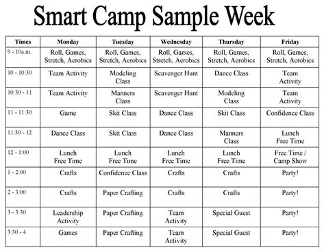 Smart Camp Weekly Sample Classes Grid Summer Camp Schedule, Camp Schedule, Horse Camping, Summer Camp Counselor, Summer Camp Themes, Summer Day Camp, Summer Camp Activities, Summer Schedule, Youth Camp