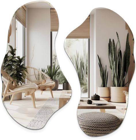 Capture the essence of nature with these organically shaped mirrors, designed to bring the tranquility of the outdoors into your living space. Wall Mirrors In Lounge, Mirror Wall Décor Bedroom, Hanging Mirrors In Living Room, Mirror For Entry Table, Mirror Above Hallway Bench, Mirror With Plants Around It Bathroom, Hallway Mirror Landscape, Pics Of Mirrors Over Couches, Wallway Mirror