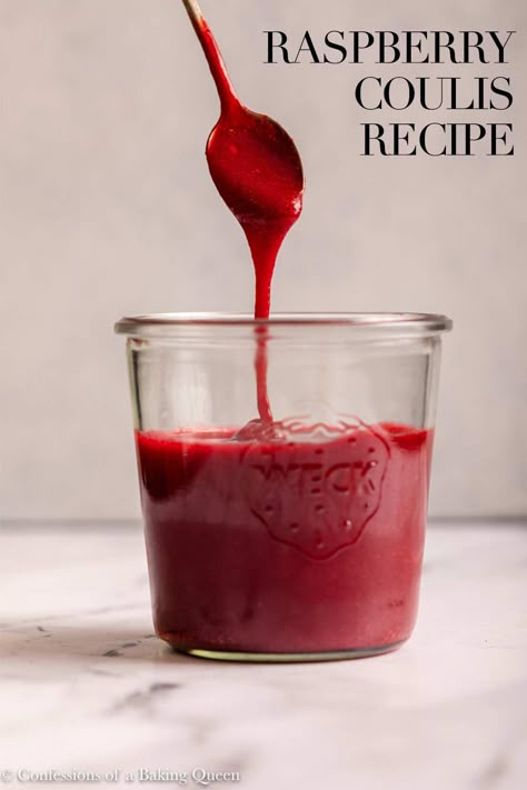 Simple and delicious raspberry coulis is made with a few ingredients. Step-by-step photos teach you how to make this delicious raspberry sauce. Use frozen raspberries to enjoy this raspberry sauce all year long. Perfect drizzled on top of cheesecake, pound cake, or ice cream, everyone loves this raspberry sauce recipe! Raspberry Coulis Sauce, Raspberry Drizzle Sauce, Raspberry Sauce For Cake, Raspberry Coulee, Raspberry Sauce For Cheesecake, Desert Sauces, Raspberry Coulis Recipe, Raspberry Compote Recipe, Cheesecake Pound Cake